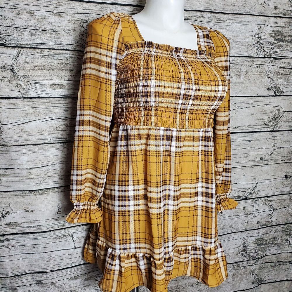 Inspired Hearts Yellow & Brown Plaid Dress Long sleeve Dress Size Large